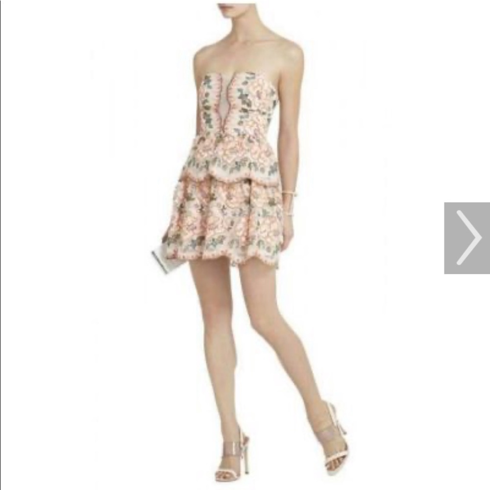 BCBG Guiliana embroidered corset tiered mini dress